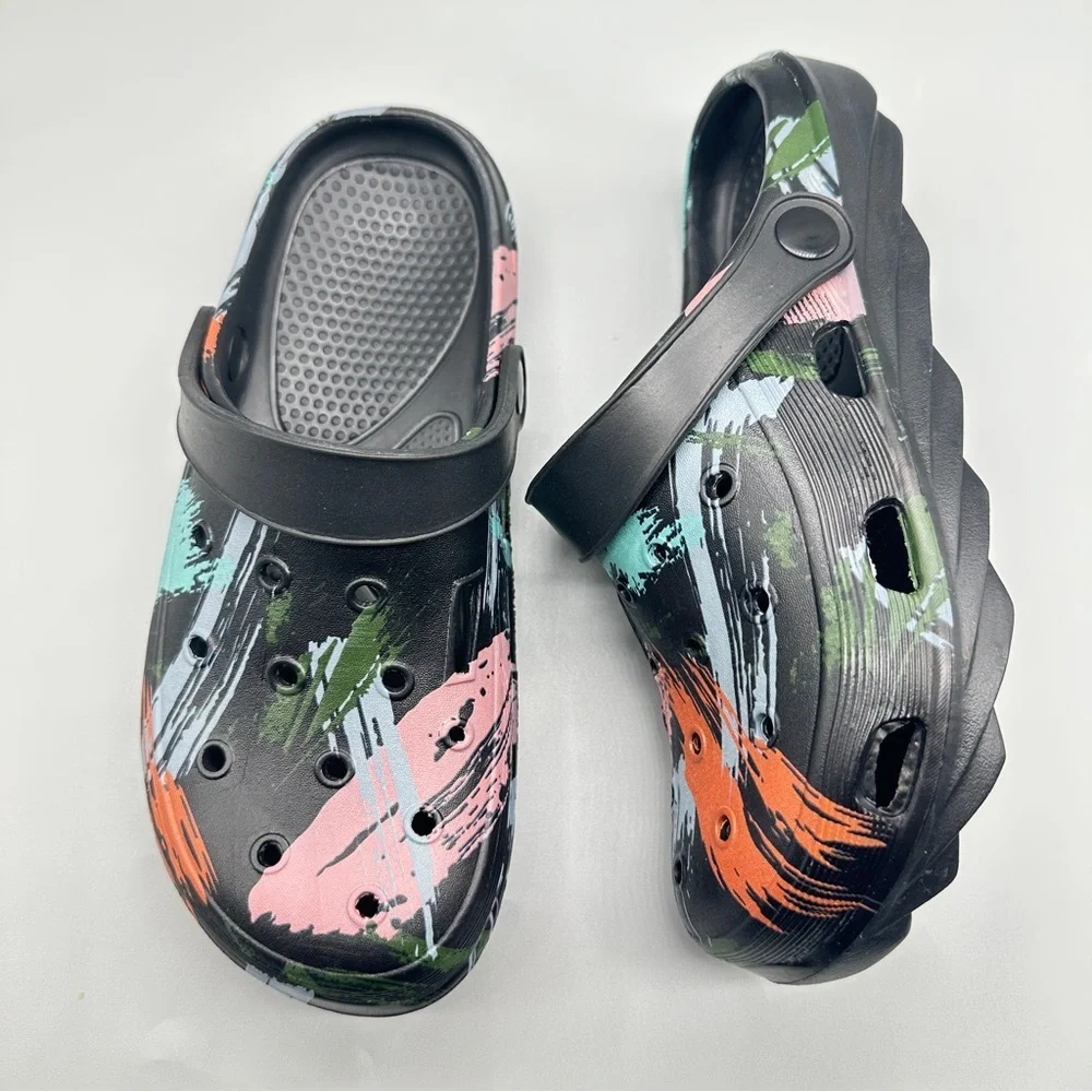 Unisex Color Splash Clogs – Size 9 Black with Multicolor Paint Design
